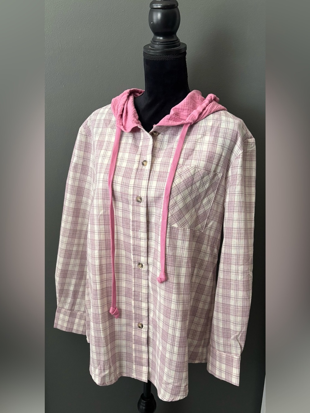 Women's Pink Plaid Hooded Shirt-Lightweight